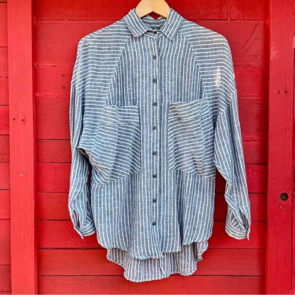 No tag linen/cotton striped button down tie back top - Picture 2 of 14